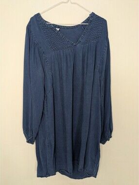 Old Navy Blue Denim Lyocell Tunic Dress V-Neck Pintuck Long Sleeve Large